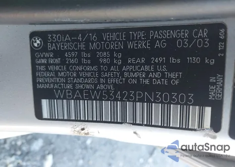 2003 BMW 330Xi from USA, damaged, VIN WBAEW53423PN30303